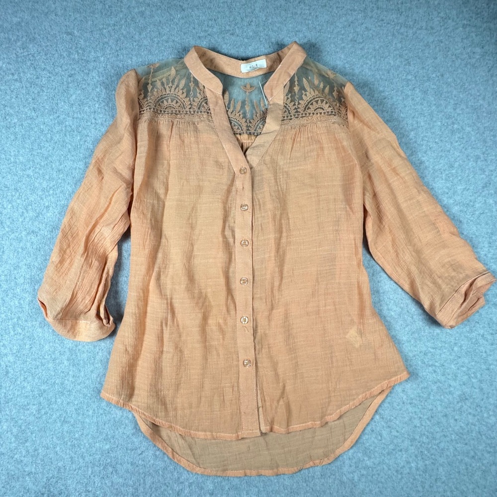Mine Peach Mesh‎ Embroidered Roll Tab Sleeve Blouse TA2089 Medium